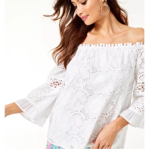 Lilly Pulitzer Laurenne Off-The-Shoulder Top Resort White Bouquet Size Small - Picture 3 of 10